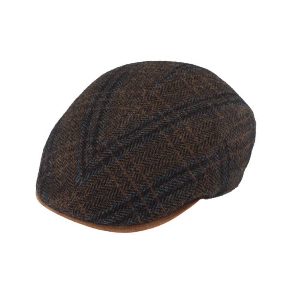 Fiebig sixpence/flatcap lavet i stribet herringbone brun