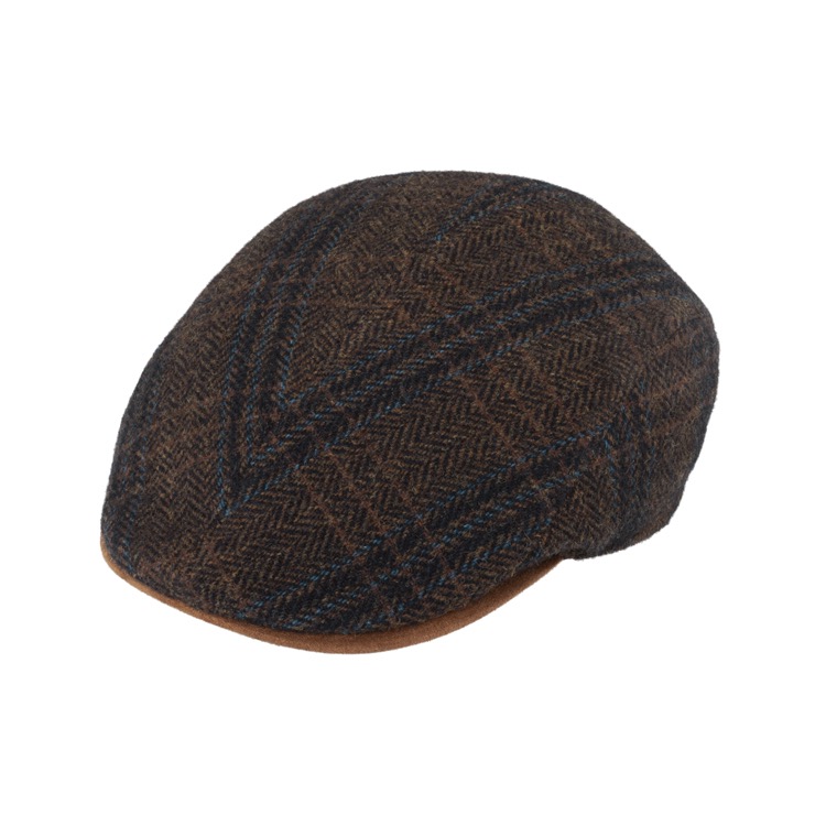 Fiebig sixpence/flatcap lavet i stribet herringbone brun