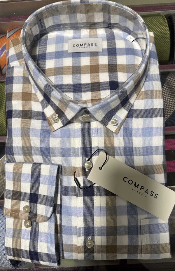 Compass classic lang ærmet skjorte i flot tern og med butten down, beige, hvid og blå