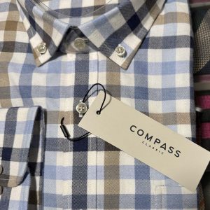 Compass classic lang ærmet skjorte i flot tern og med butten down, beige, hvid og blå