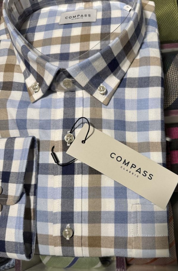 Compass classic lang ærmet skjorte i flot tern og med butten down, beige, hvid og blå