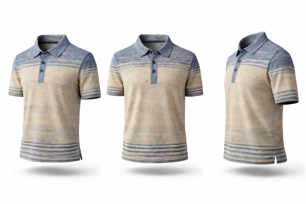 Kort ærmet bomuld polo i flat strikket stribet beige/blå fra Casa Moda