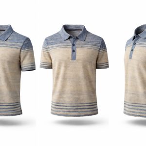 Kurzärmeliges Poloshirt aus Baumwolle in beige/blau gestreiftem Flachstrick von Casa Moda