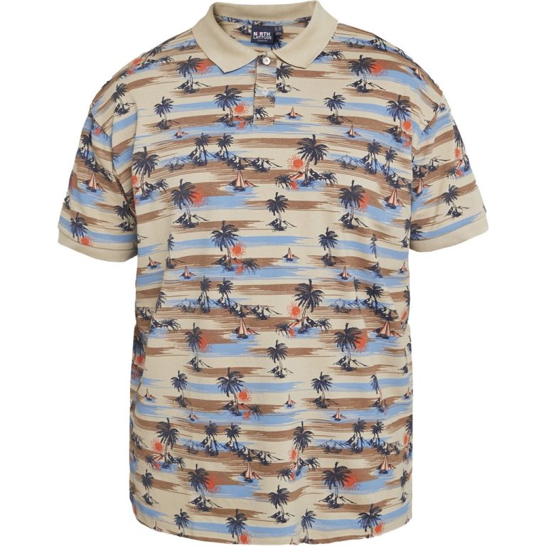 Sandfarvet polo i 100% bomuld med sommermønster til store mænd fra North Latitude, XL til 8XL