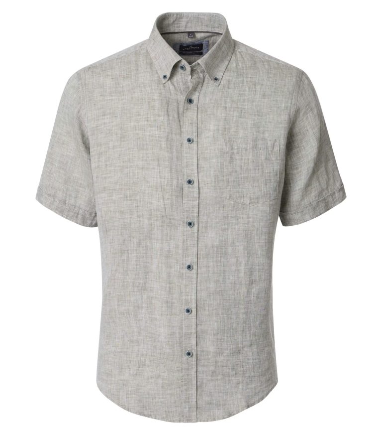 Olivengrøn kortærmet casual fit-skjorte i hør med button down-krave til store mænd fra Casa Moda