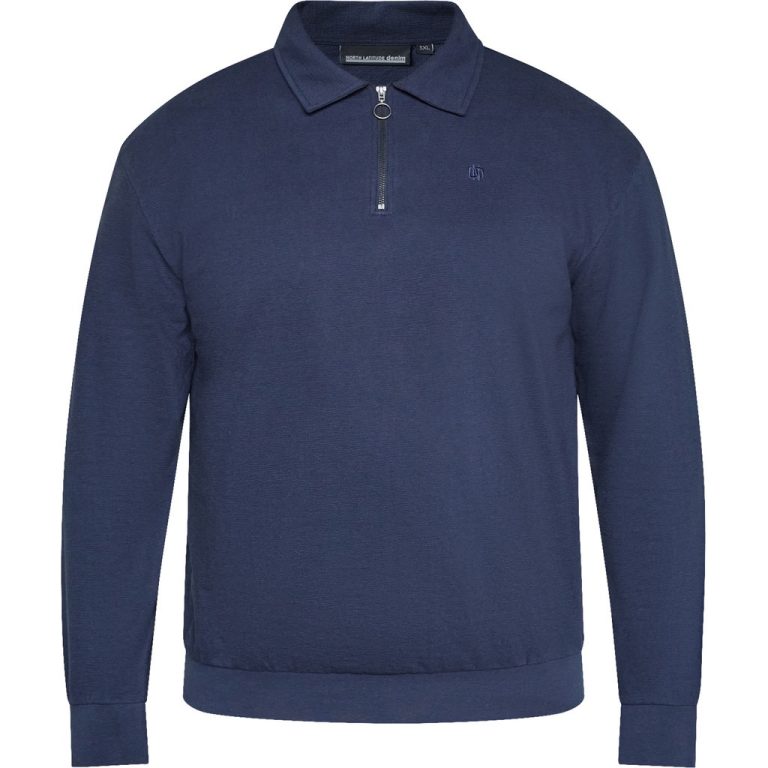 Marineblå langærmet poloshirt i blød bomuld med kort lynlås til store mænd fra North Latitude, XL til 8XL