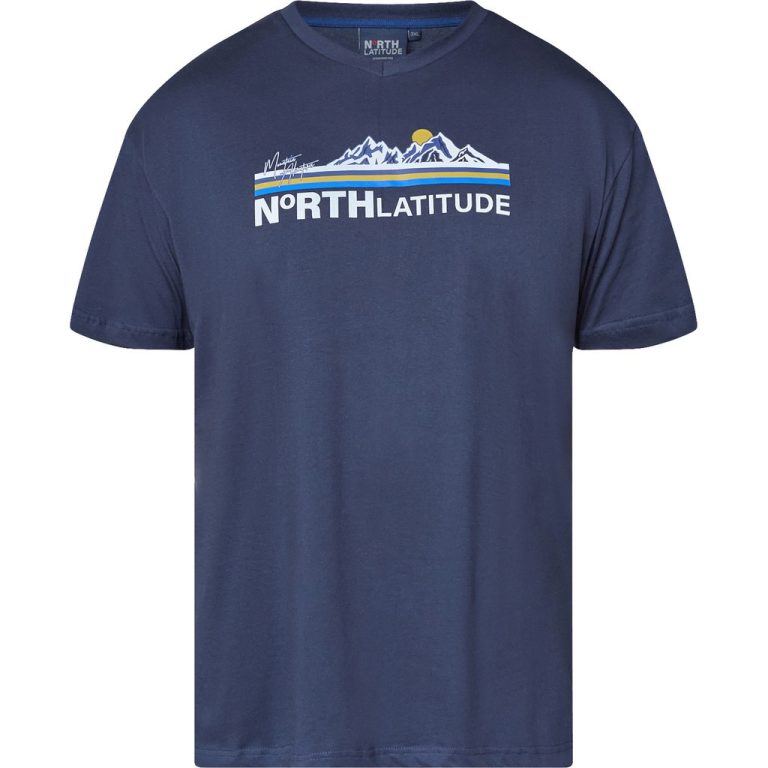 Marineblå t-shirt med v-hals og print til store mænd fra North Latitude, XL til 8XL